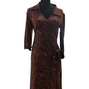 Vintage Snap Brown/Blue/Pink Paisley & Floral Knee-Length Collared V-Neck Dress